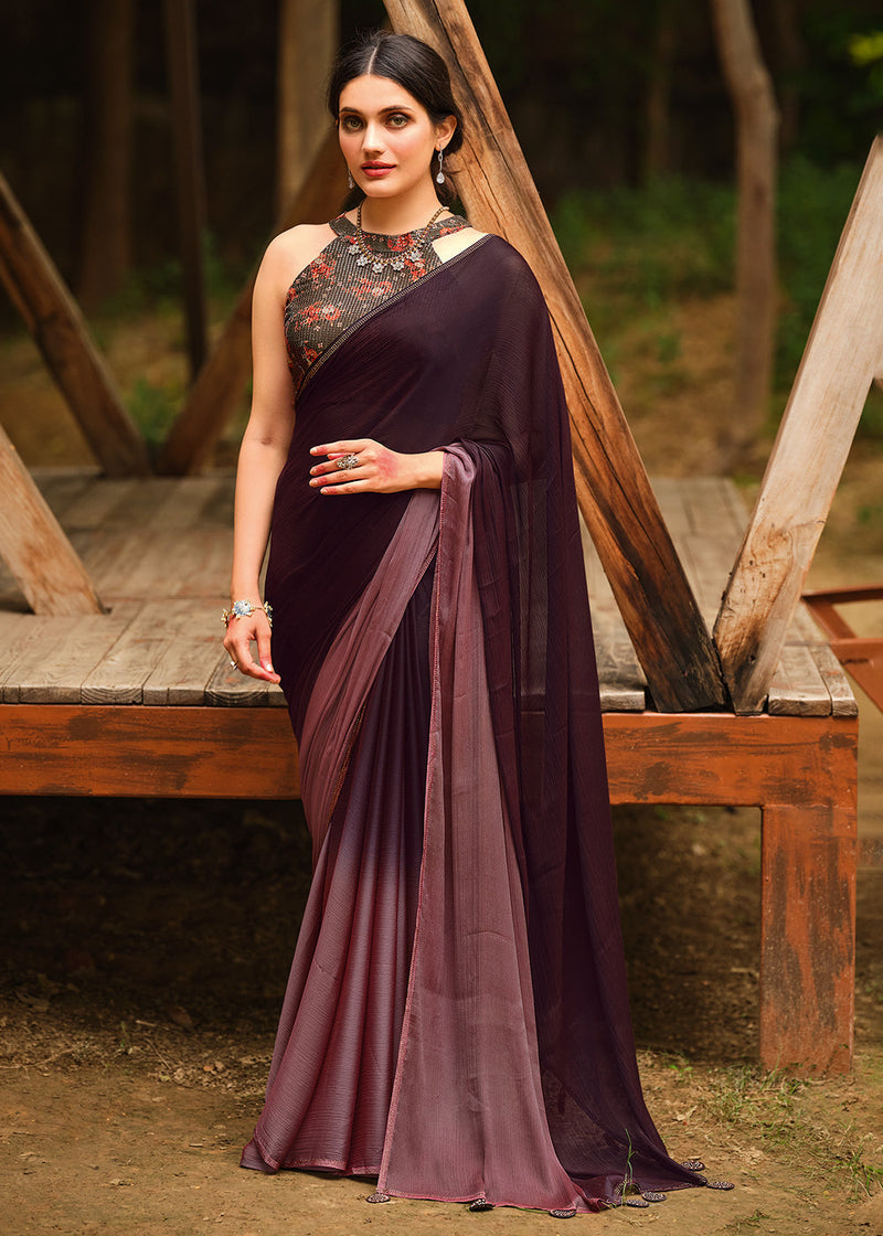 Tamarind Brown  and Purple Chiffon Saree With Printed  Blouse