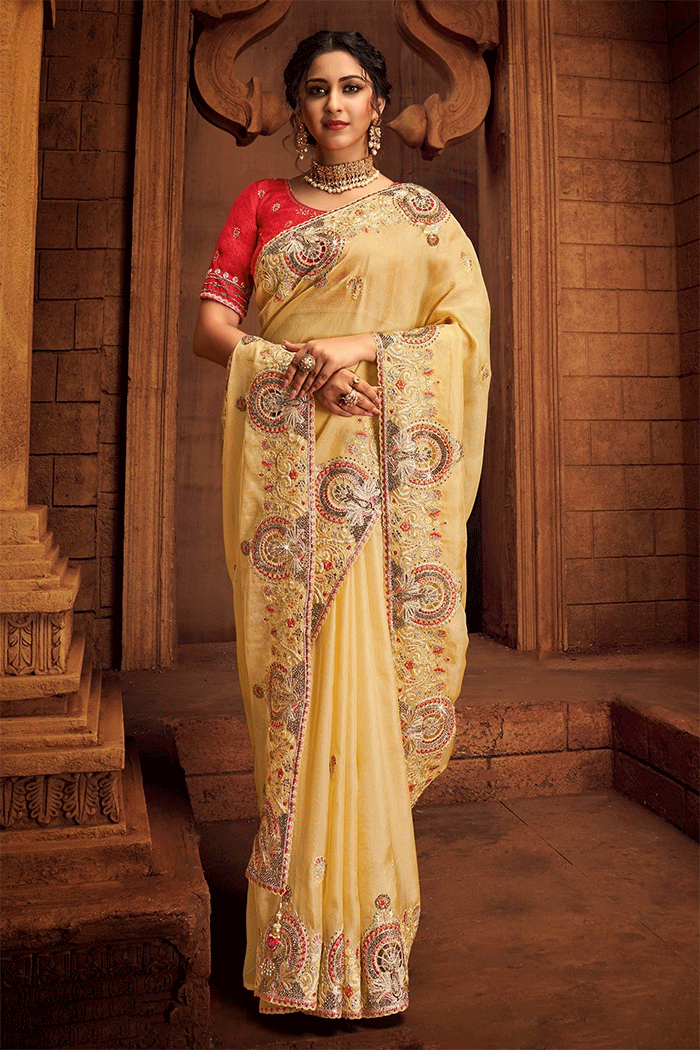 Buy MySilkLove Cream Brulee Yellow Zari Woven Organza Saree Online