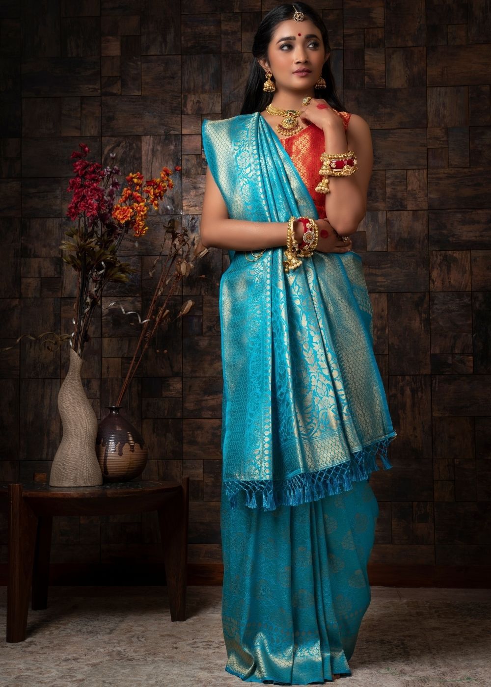 Buy MySilkLove Turquoise Pearl Blue Zari Woven Kanjivaram Silk Saree Online