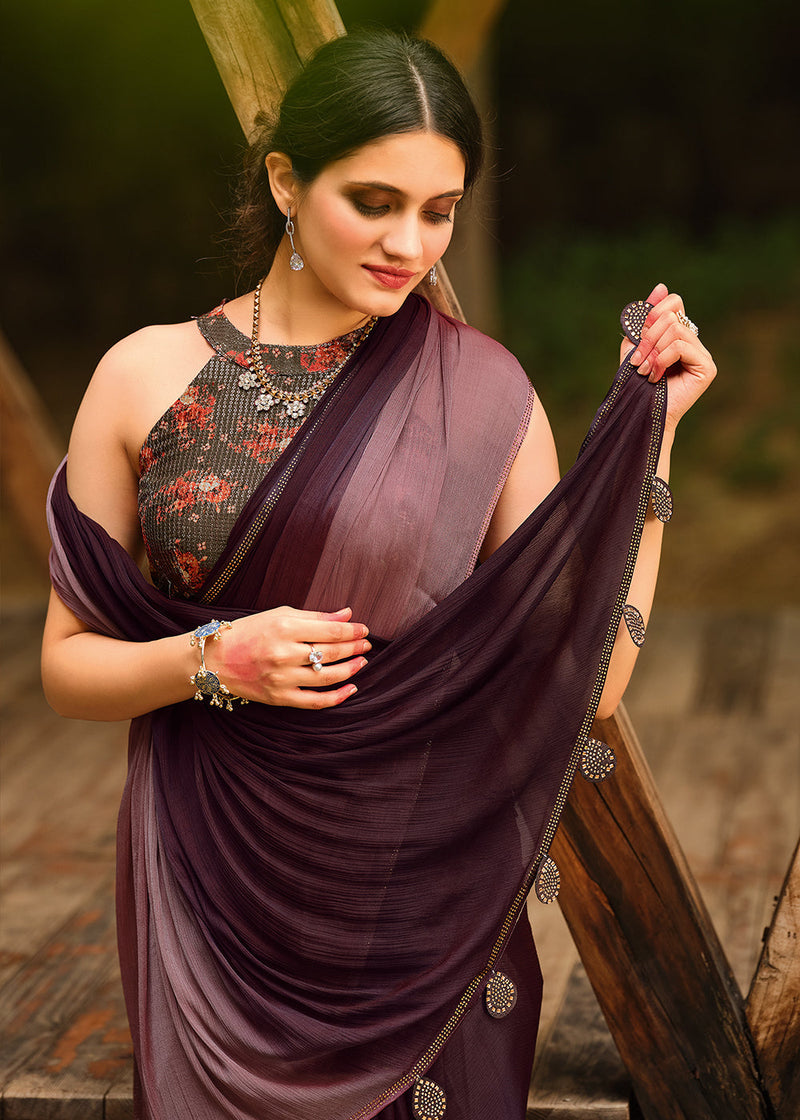Tamarind Brown  and Purple Chiffon Saree With Printed  Blouse