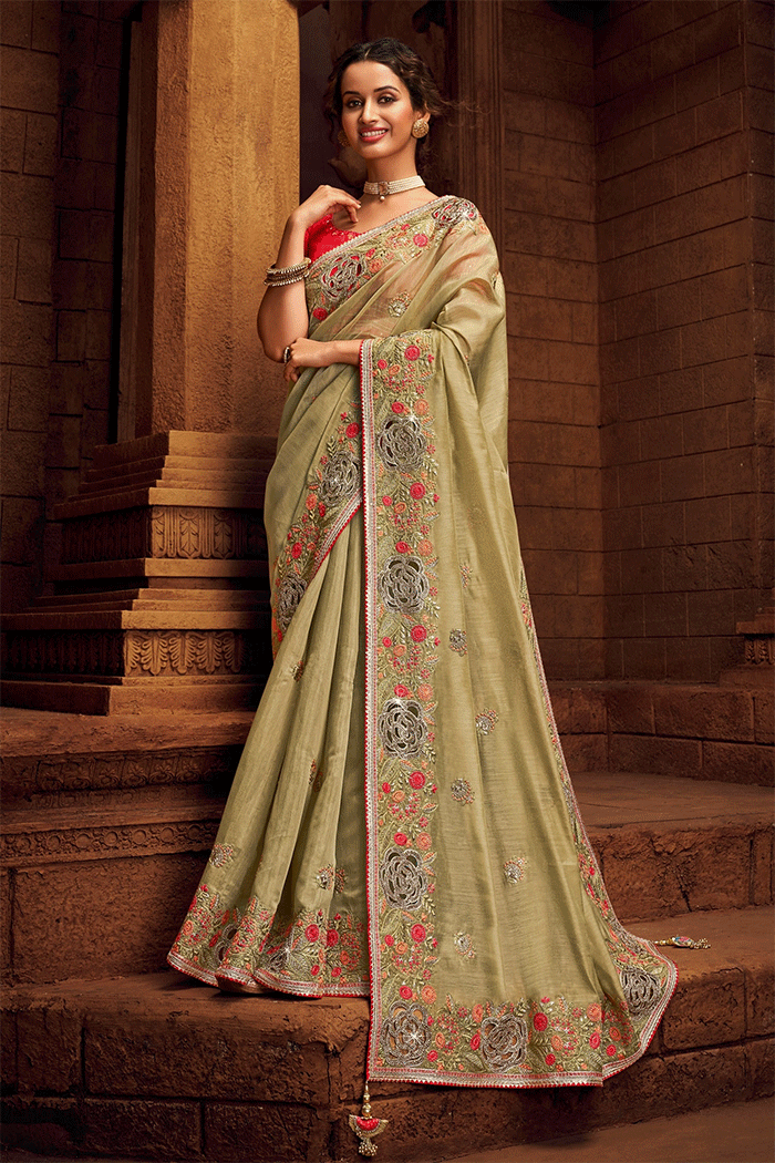 Buy MySilkLove Teak Green Zari Woven Organza Saree Online