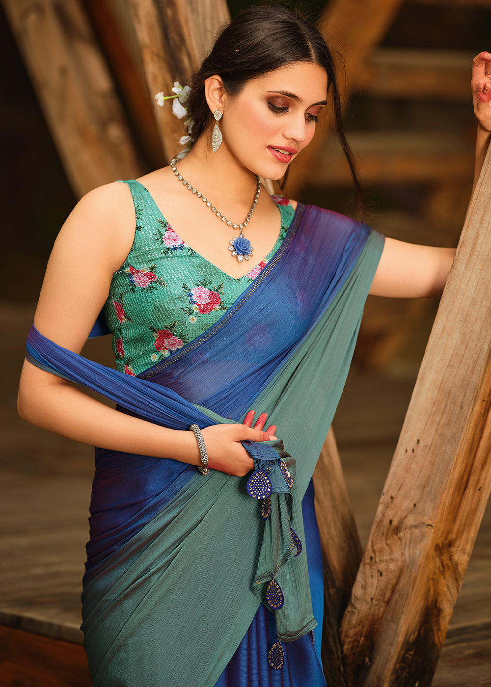 MySilkLove Indigo Blue and Green Chiffon Saree With Printed  Blouse