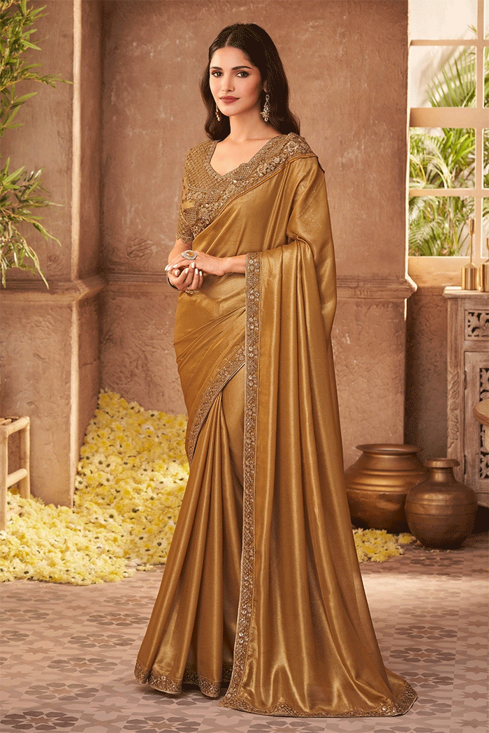 Copper Brown Yellow Designer Partywear Saree