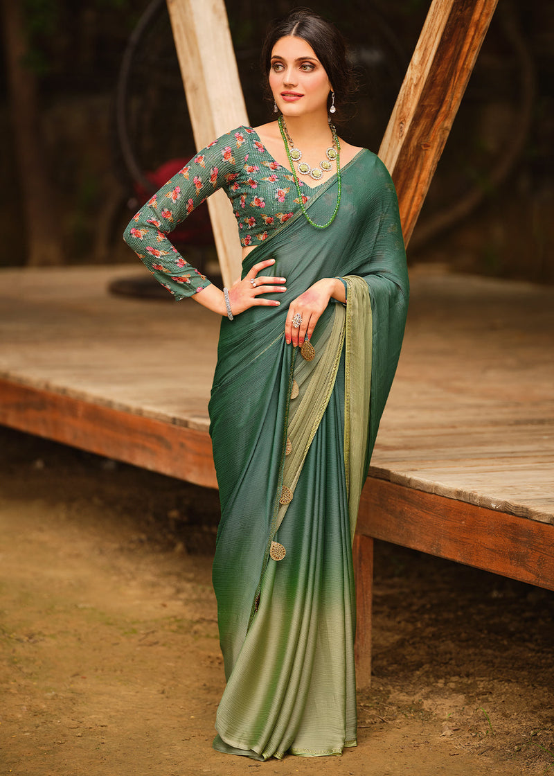 Cactus Green and Light Green Chiffon Saree With Printed  Blouse
