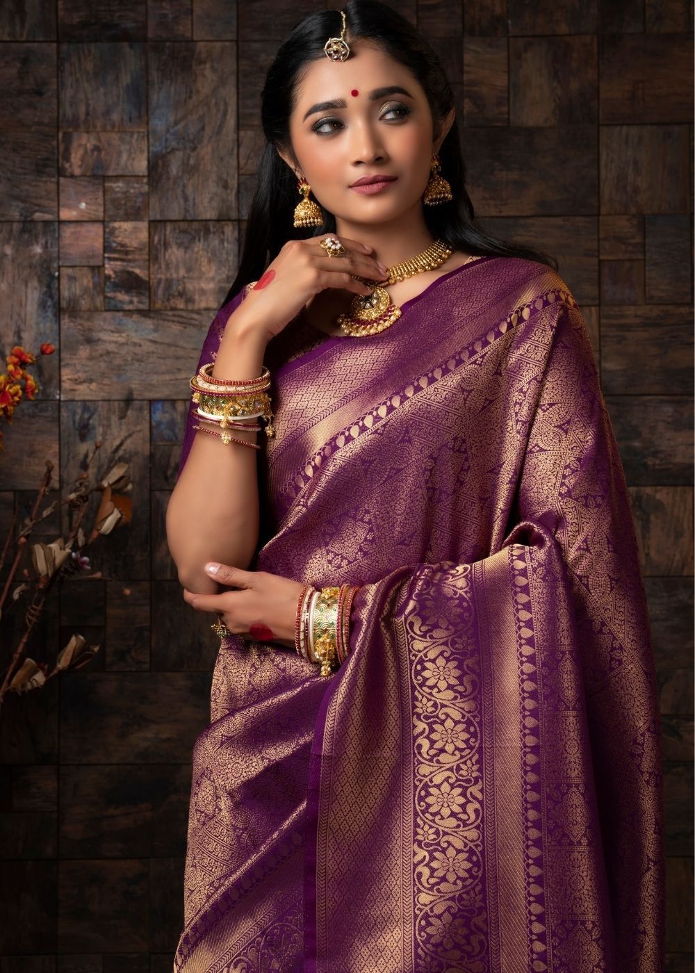 Buy MySilkLove Tawny Port Purple Zari Woven Kanjivaram Silk Saree Online