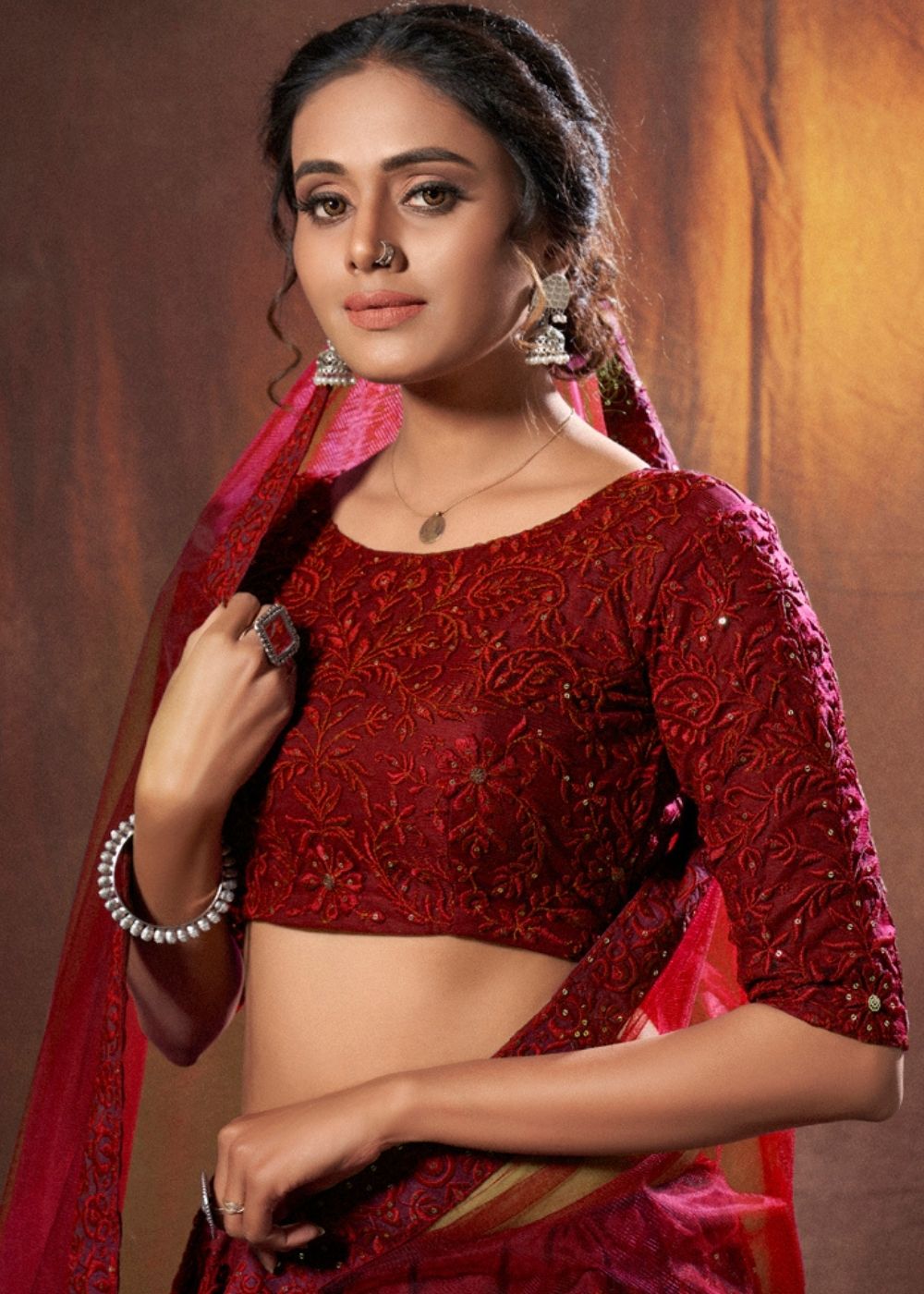 Buy MySilkLove Topaz Red Designer Soft Net Lehenga Choli Online