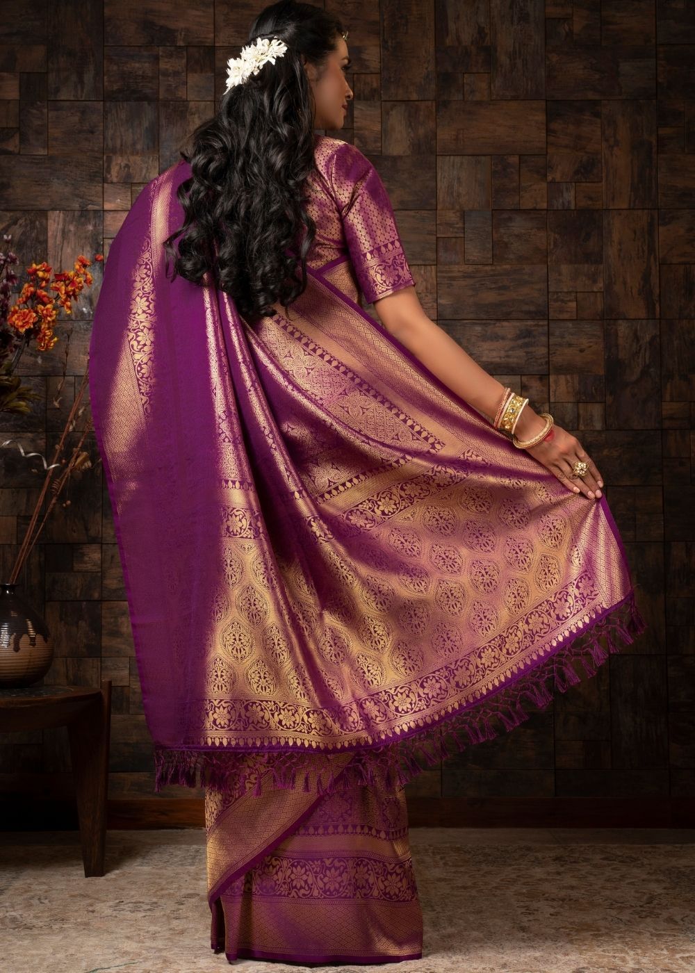 Buy MySilkLove Tawny Port Purple Zari Woven Kanjivaram Silk Saree Online