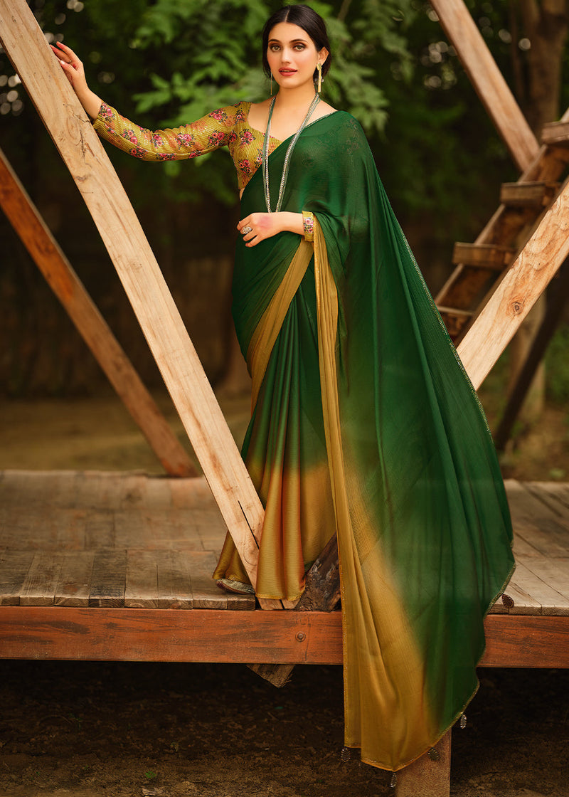Chalet Green and Yellow Chiffon Saree With Printed  Blouse