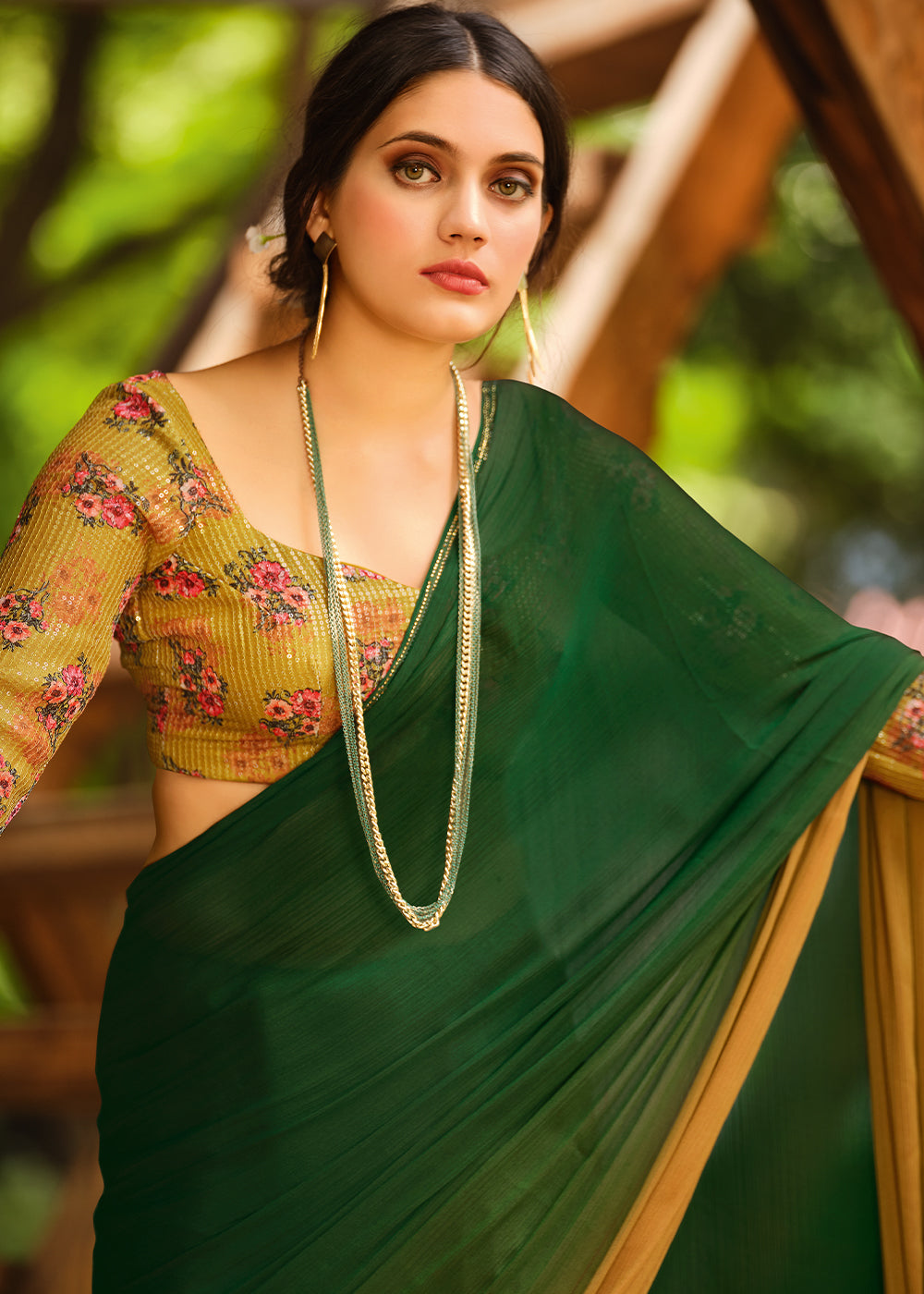 MySilkLove Chalet Green and Yellow Chiffon Saree With Printed  Blouse