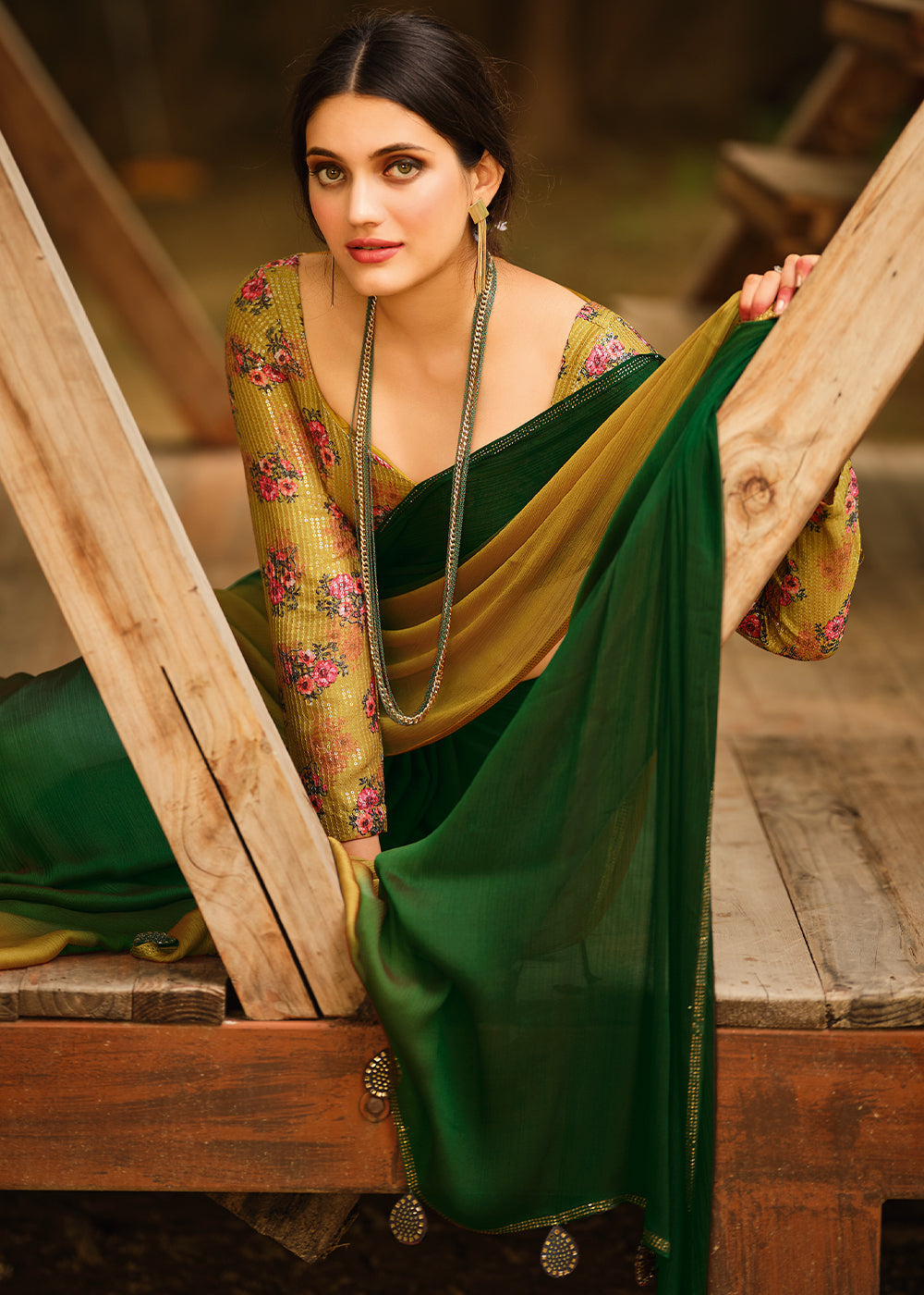 Buy MySilkLove Chalet Green and Yellow Chiffon Saree With Printed  Blouse Online