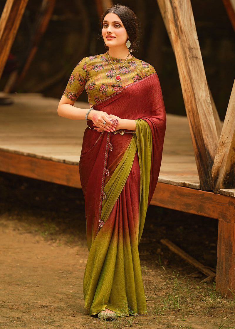 Rebel Red and Green Chiffon Saree With Printed  Blouse