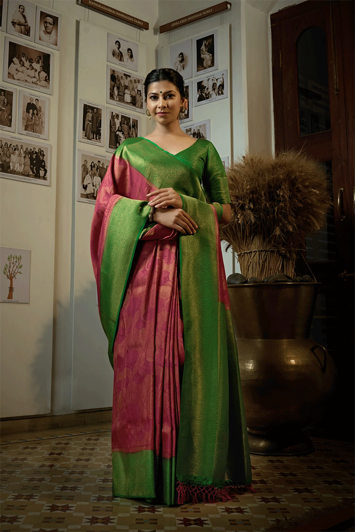 Apple Blossom Pink and Green Zari Woven Kanjivaram Saree