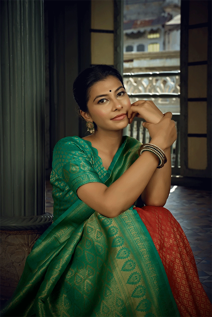 Sweet Red and Green Zari Woven Kanjivaram Saree