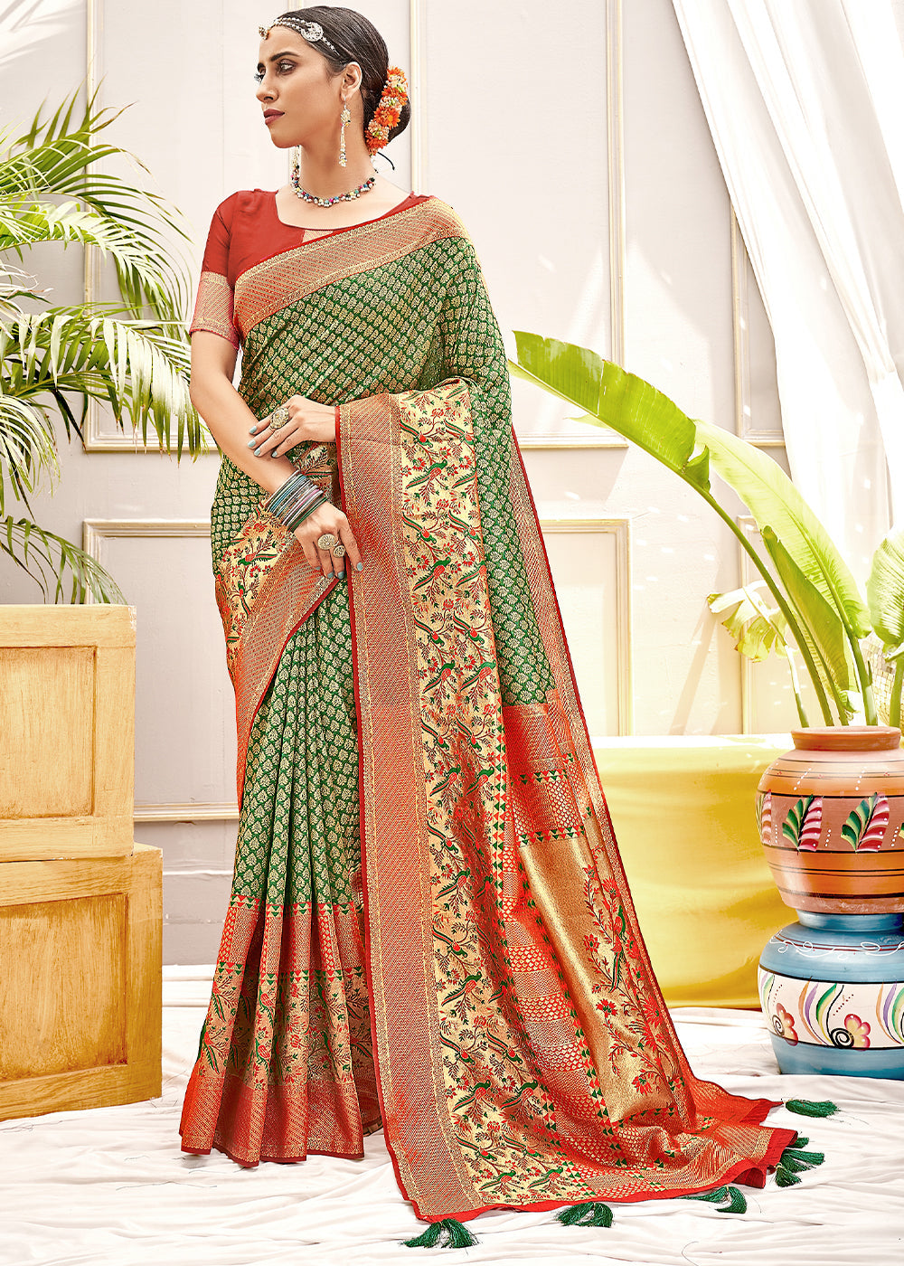 Buy MySilkLove Mantis Green and Red Zari Woven Banarasi Saree Online