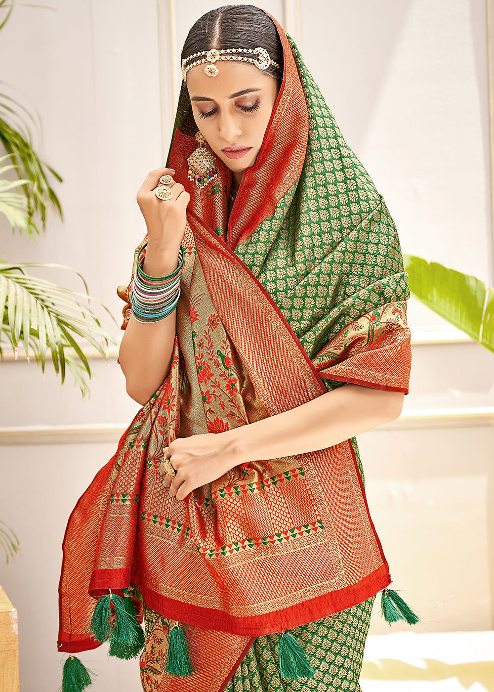 MySilkLove Mantis Green and Red Zari Woven Banarasi Saree