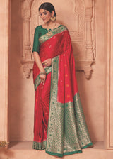 Rusty Red and Green Banarasi Satin Silk Saree
