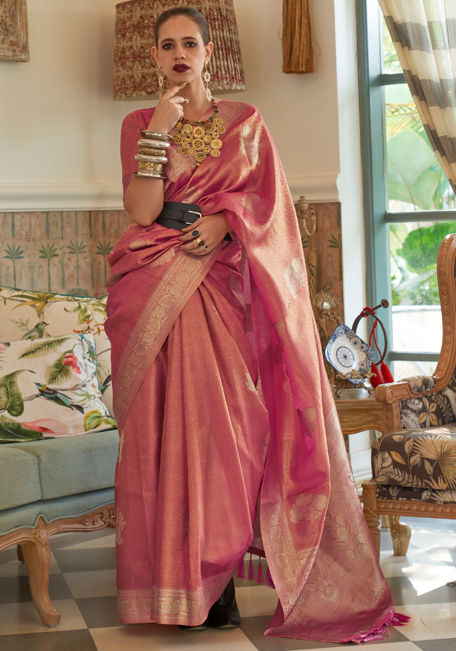 Buy MySilkLove Copper Pink Woven Banarasi Satin Tissue Silk Saree Online