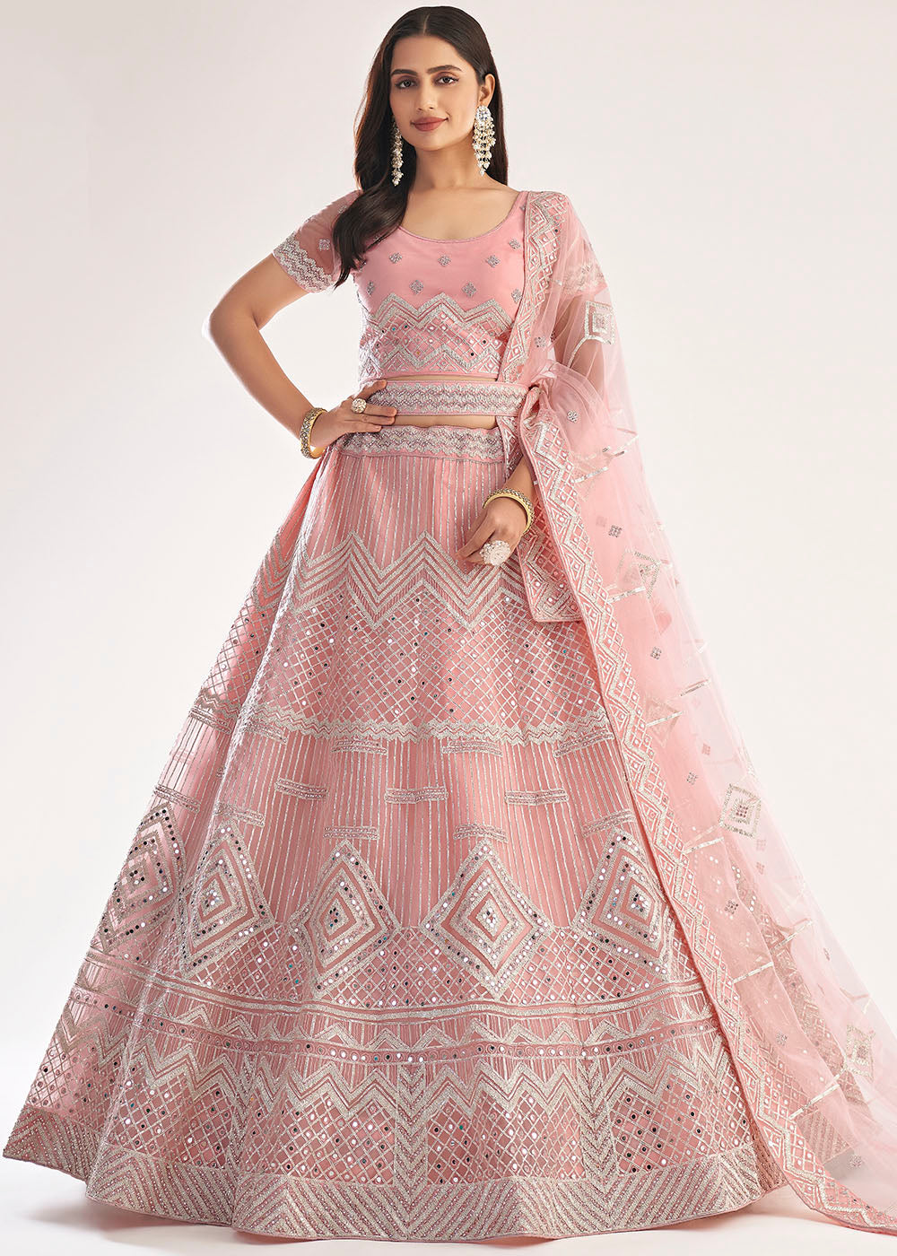 Buy MySilkLove Cavern Pink Net Designer Lehenga Choli Online