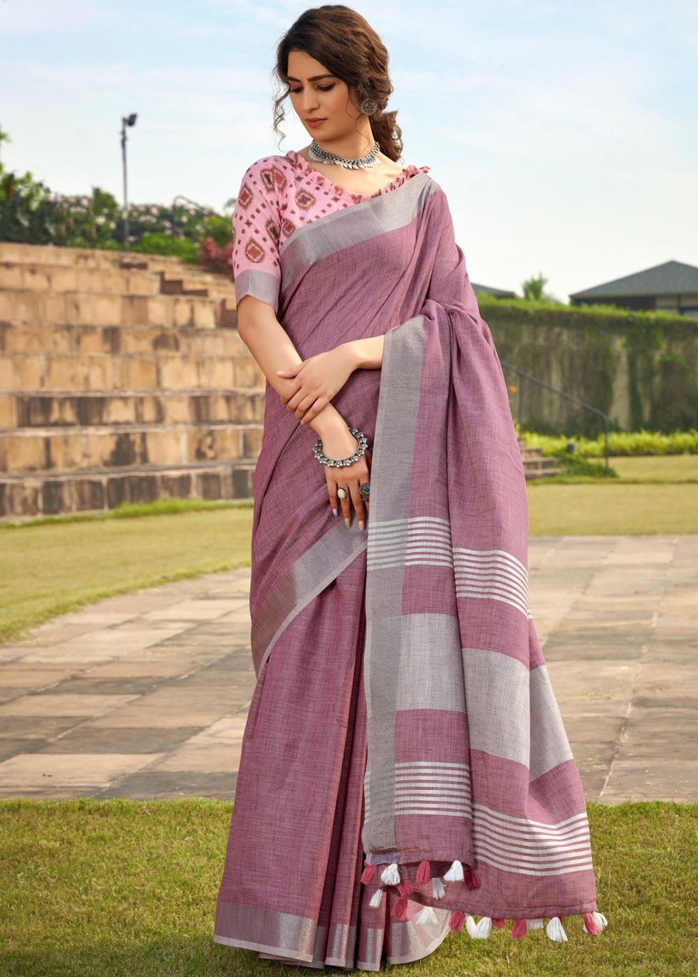 Buy MySilkLove Pearl Purple Soft Linen Silk Saree Online