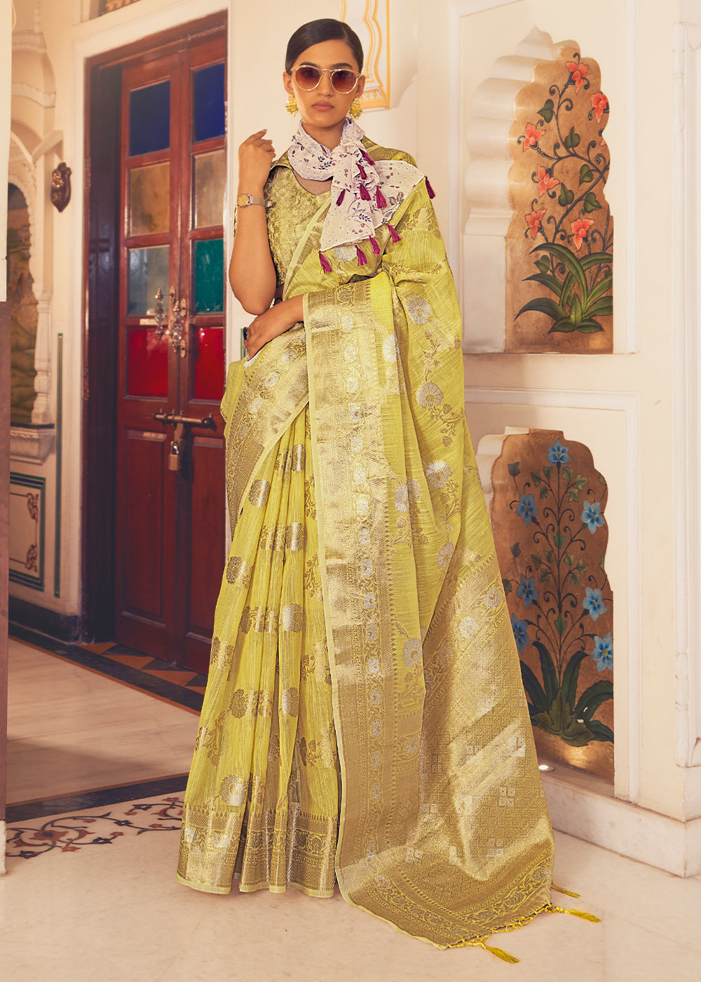 Buy MySilkLove Tacha Yellow Zari Woven Linen Silk Saree Online
