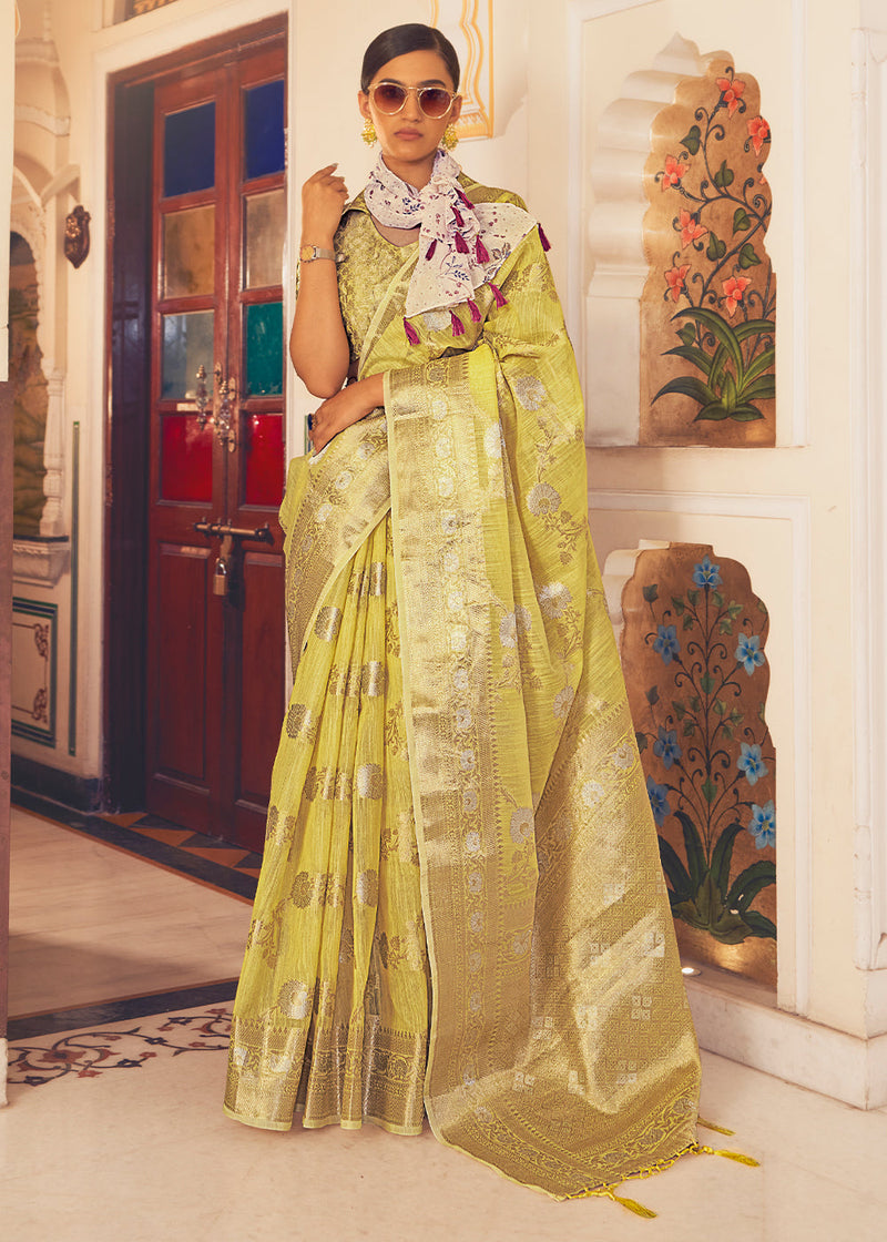 Tacha Yellow Zari Woven Linen Silk Saree
