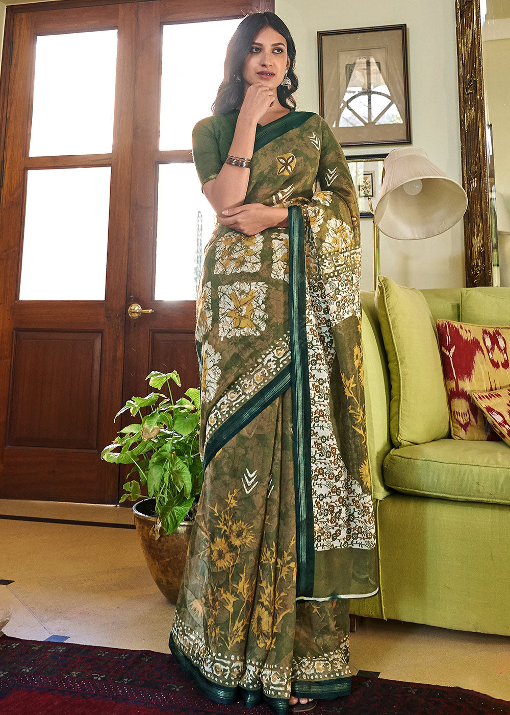 Buy MySilkLove Axolotl Green Cotton Linen Batik Printed Saree Online