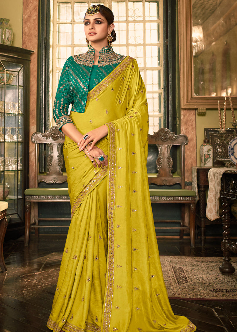 Pear Yellow Designer Embroidered Silk Saree
