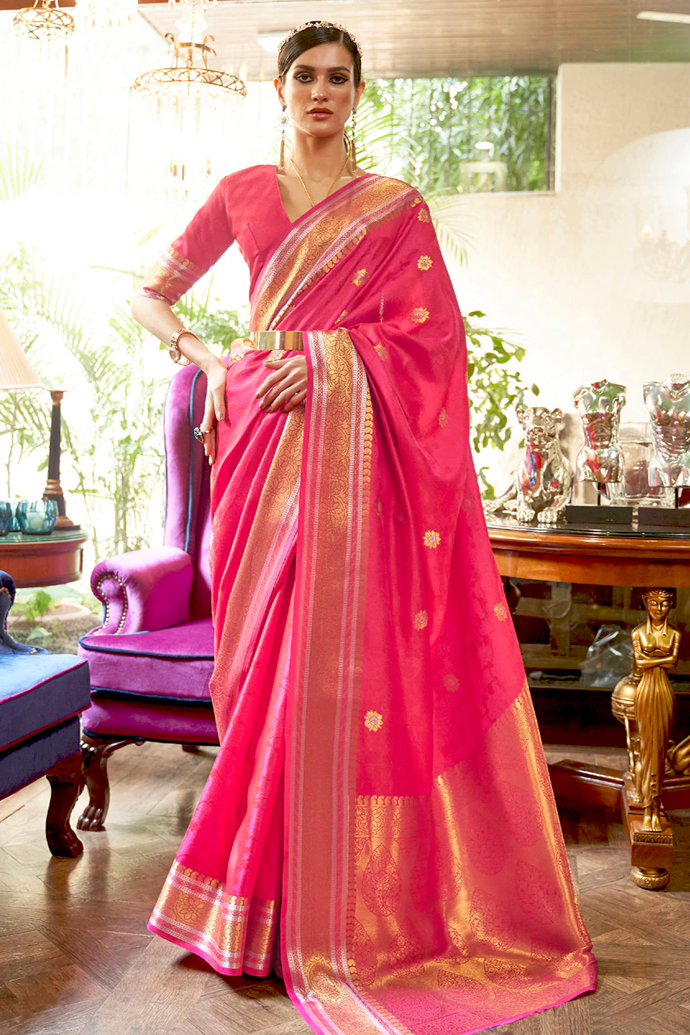 Buy MySilkLove Mandy Pink Woven Kanjivaram Silk Saree Online