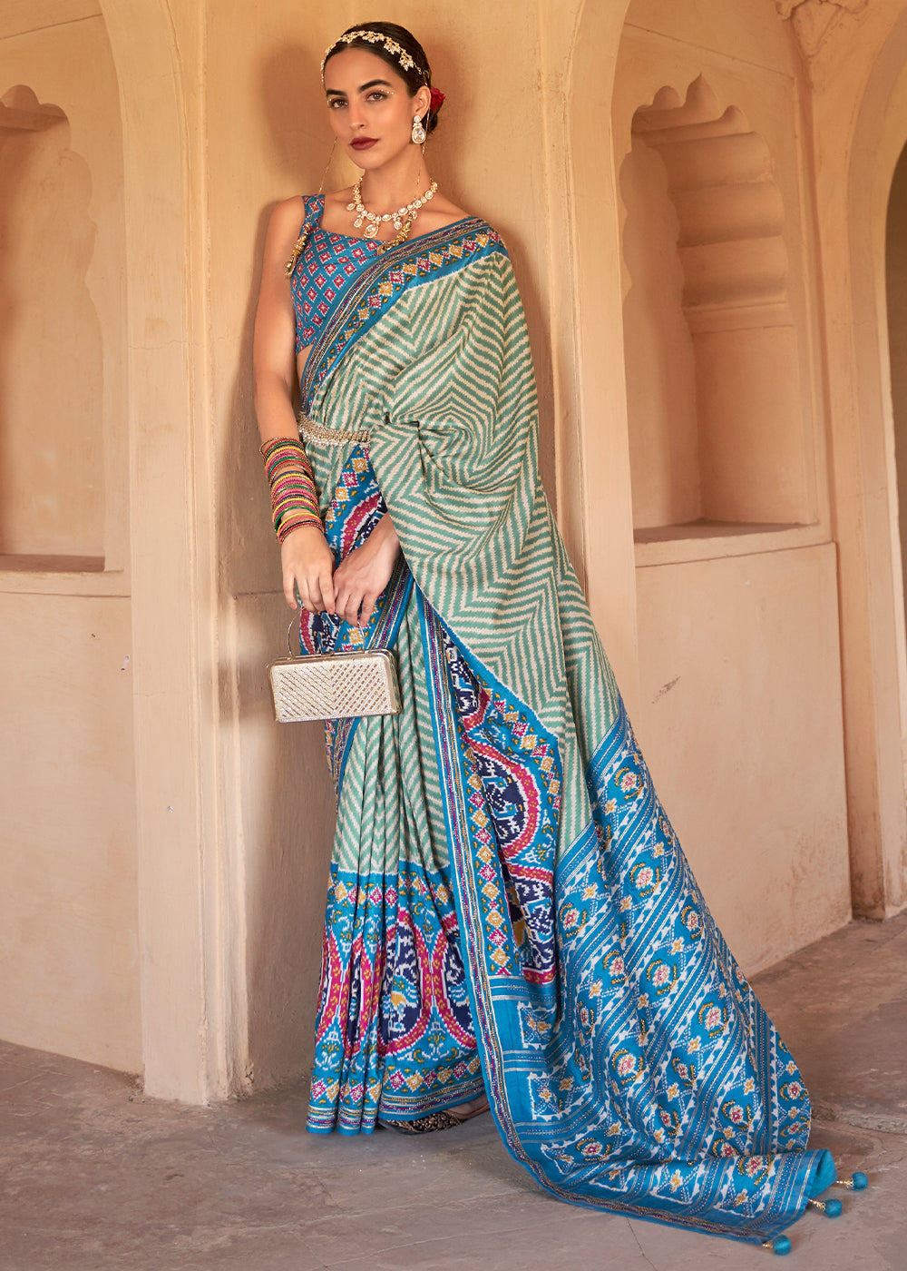 Buy MySilkLove Steel Blue and Green Printed Patola Silk Saree Online