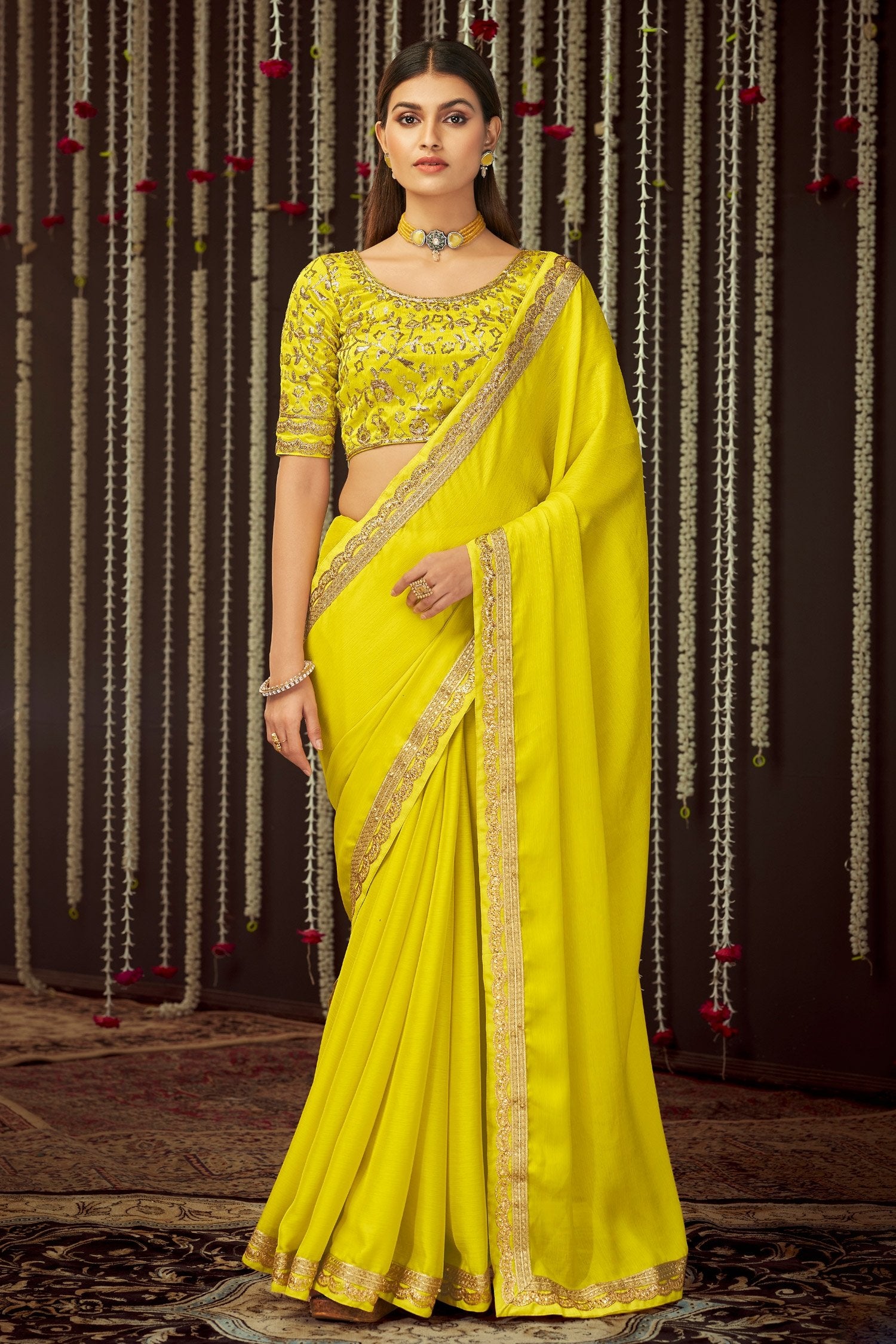 Buy MySilkLove Corn Yellow Chinon Designer Silk Saree Online