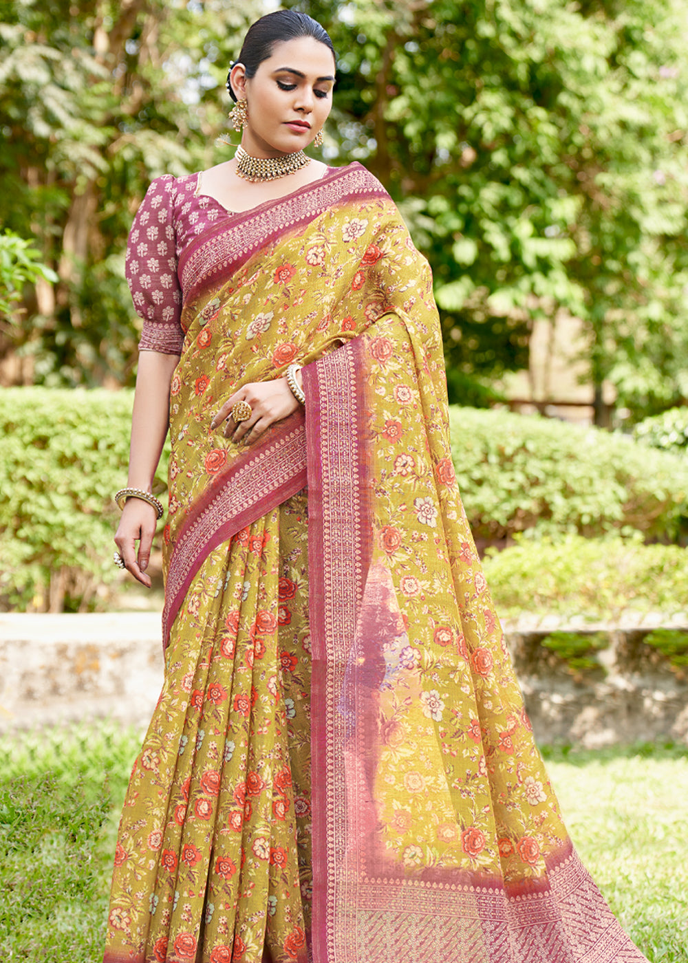 Buy MySilkLove Portafino Yellow Linen Kalamkari Digital Print Saree Online