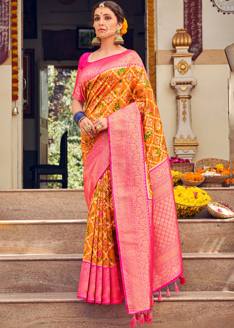 Neon Carrot Orange Woven Banarasi Patola Silk Saree