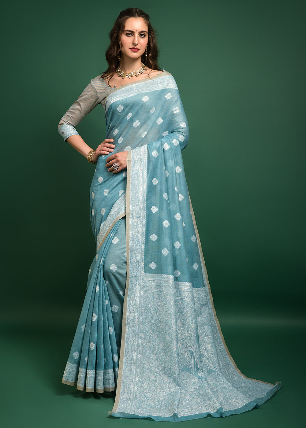 Buy MySilkLove Opal Blue Chikankari Chanderi Cotton Woven Saree Online