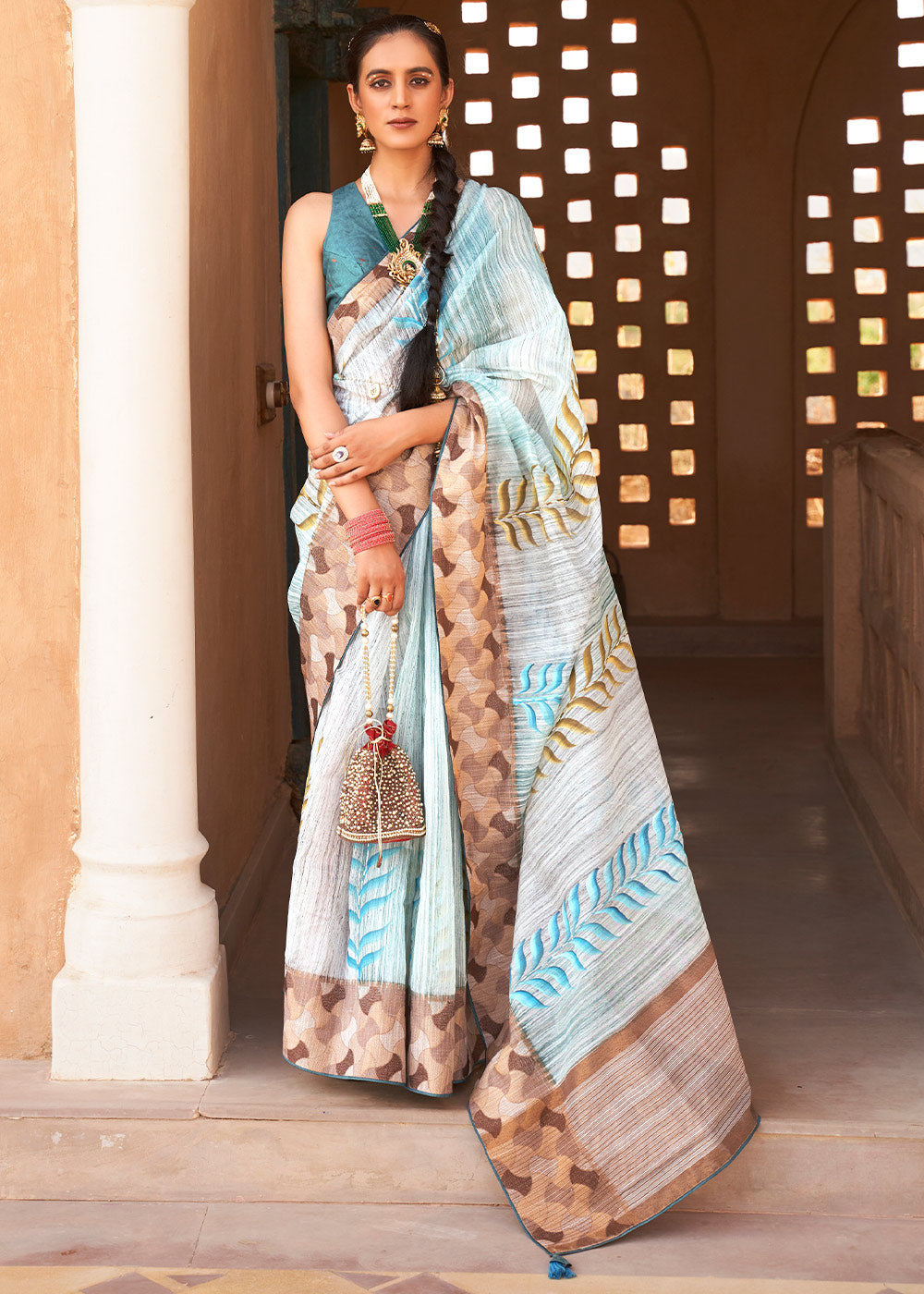 Buy MySilkLove Geyser Blue Printed Kora Silk Saree Online