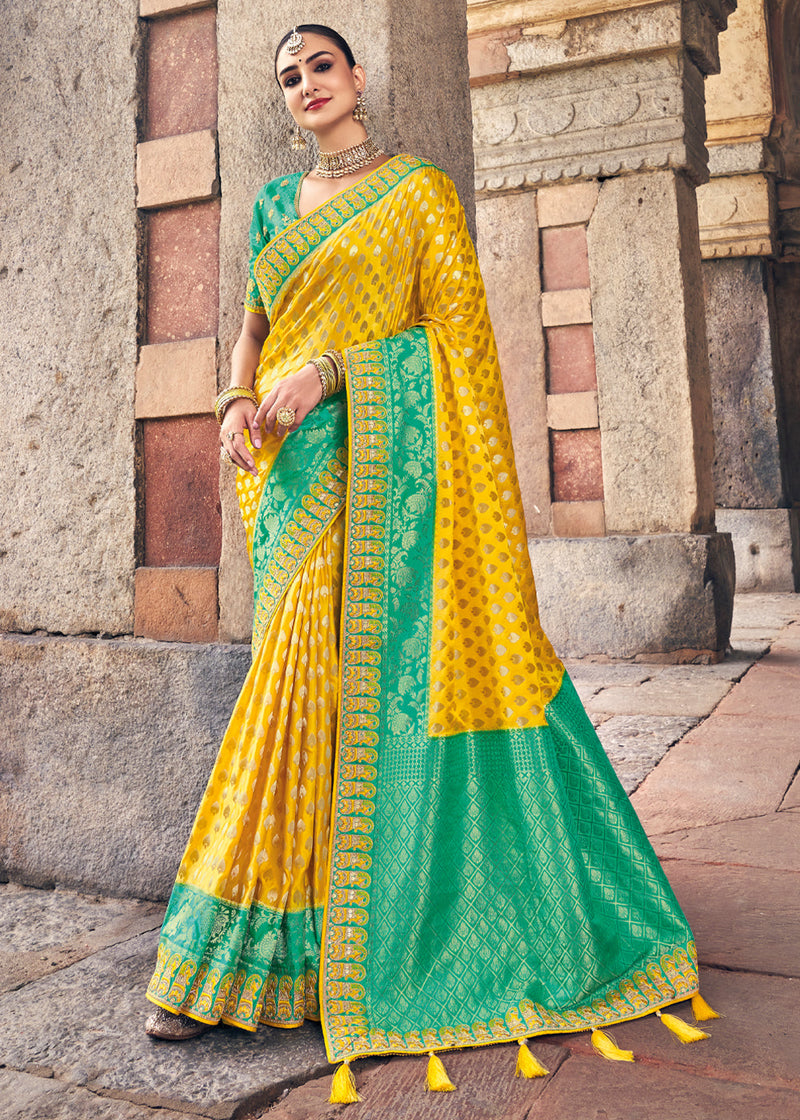 Mustard Yellow and Green Zari Woven Designer Banarasi Saree
