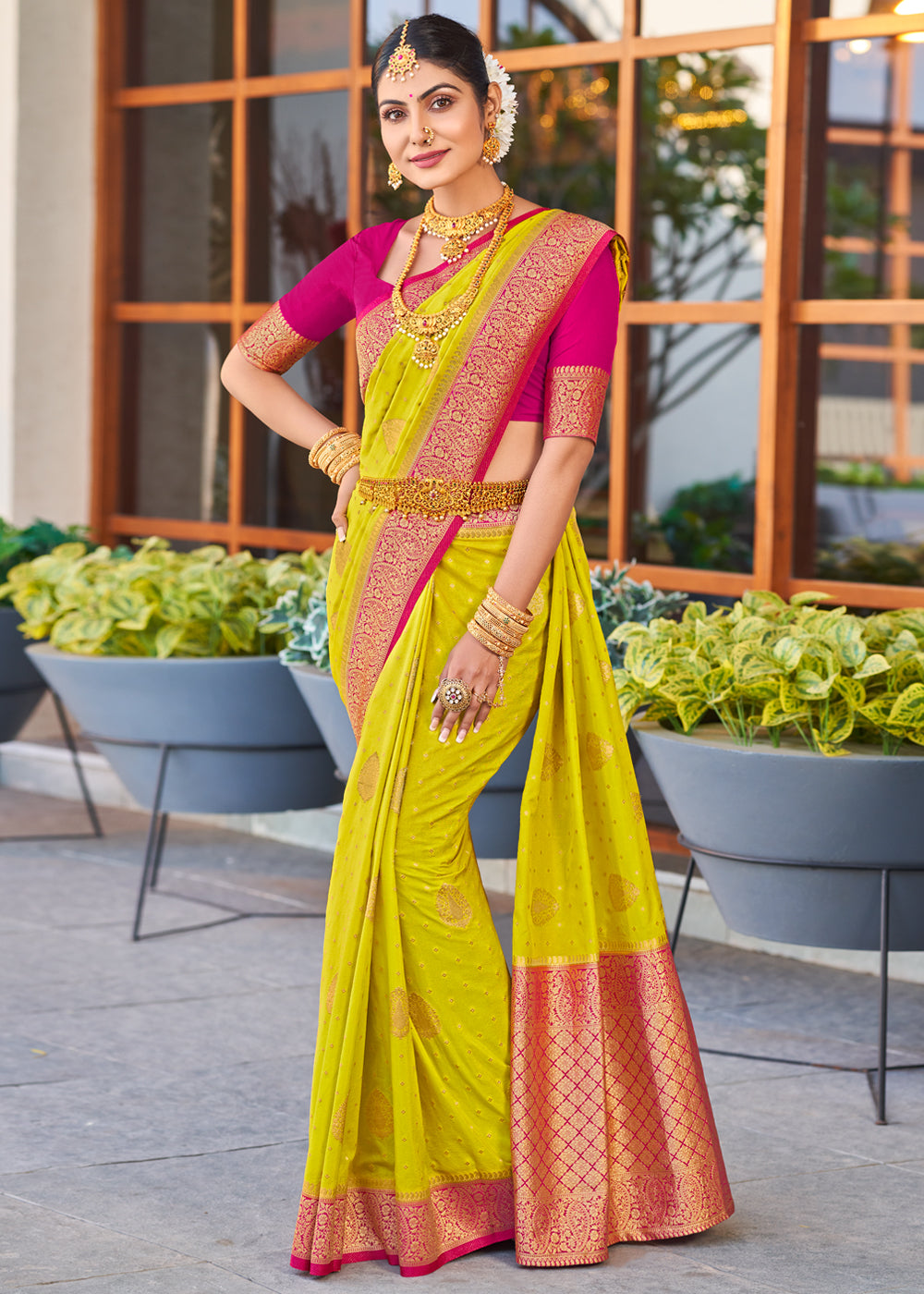 Buy MySilkLove Galliano Yellow Woven Banarasi Crepe Silk Saree Online