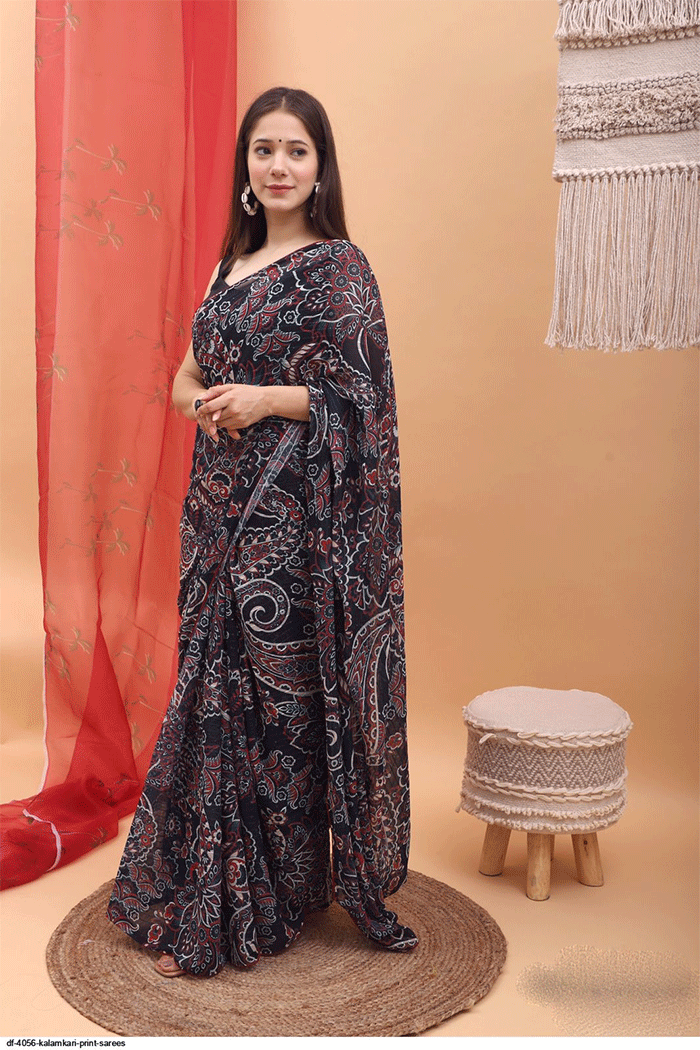 Buy MySilkLove Baltic Black Kalamkari Print Saree Online