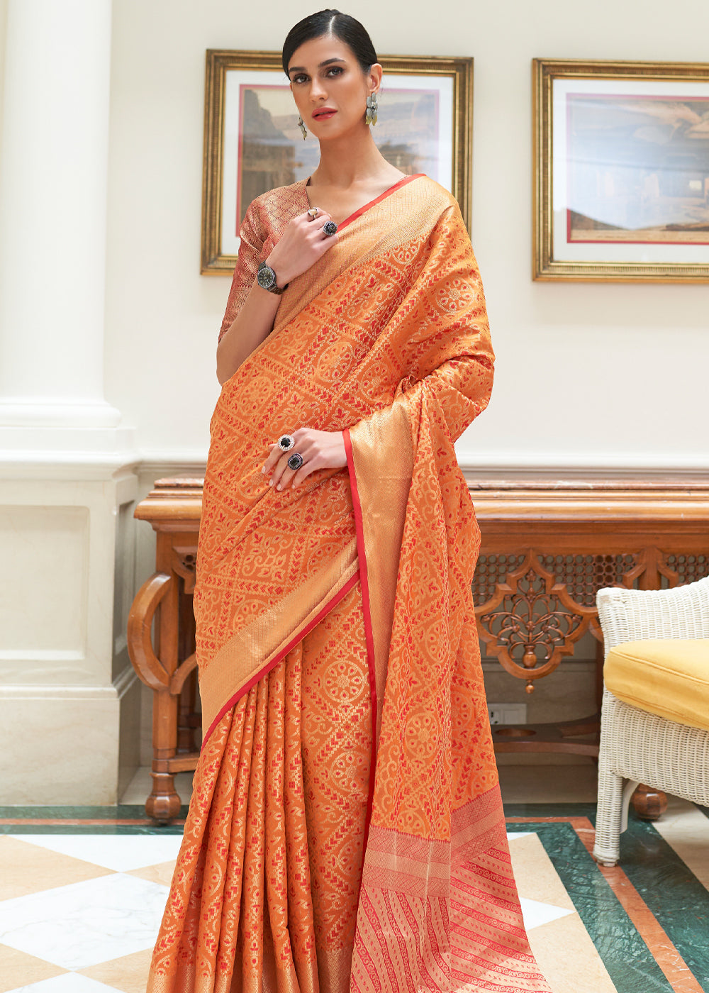 Buy MySilkLove Flame Pea Orange Woven Patola Silk Saree Online