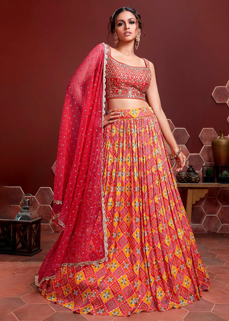 Buy Orange and Pink Bhandej Printed Lehenga Set With Dupatta Online in USA  – Pure Elegance