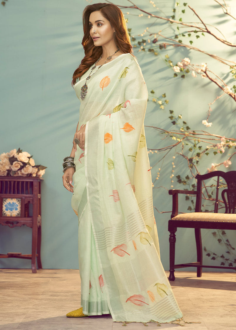 Sprout Green Soft Linen Silk Floral Printed Saree