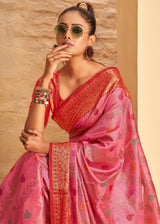 Sundown Pink Woven Banarasi Brocade Silk Saree