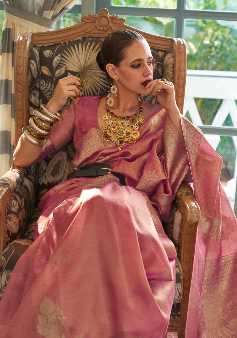 Copper Pink Woven Banarasi Satin Tissue Silk Saree