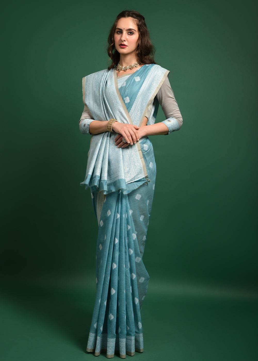 MySilkLove Opal Blue Chikankari Chanderi Cotton Woven Saree