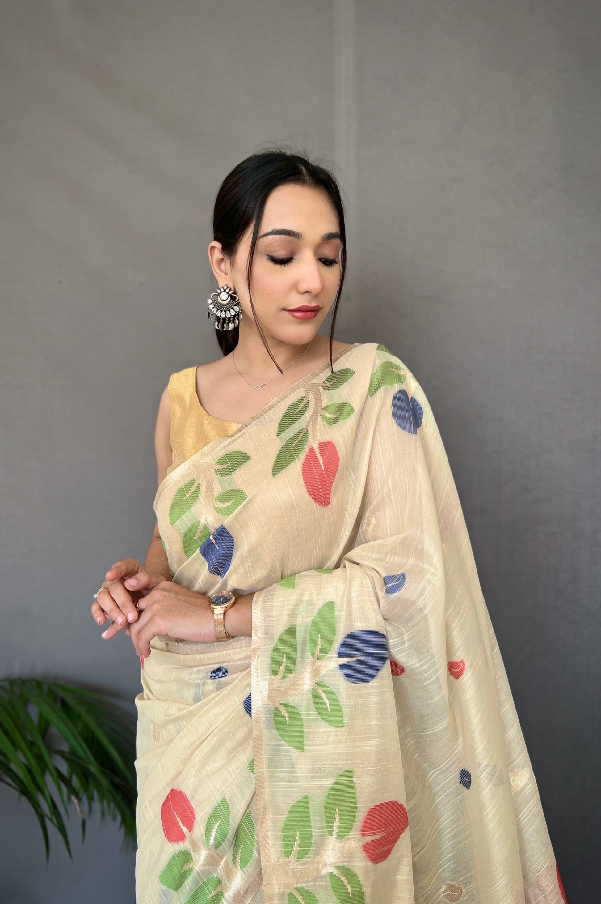 Buy MySilkLove Sidecar Cream Woven Cotton Jamdani Silk Saree Online