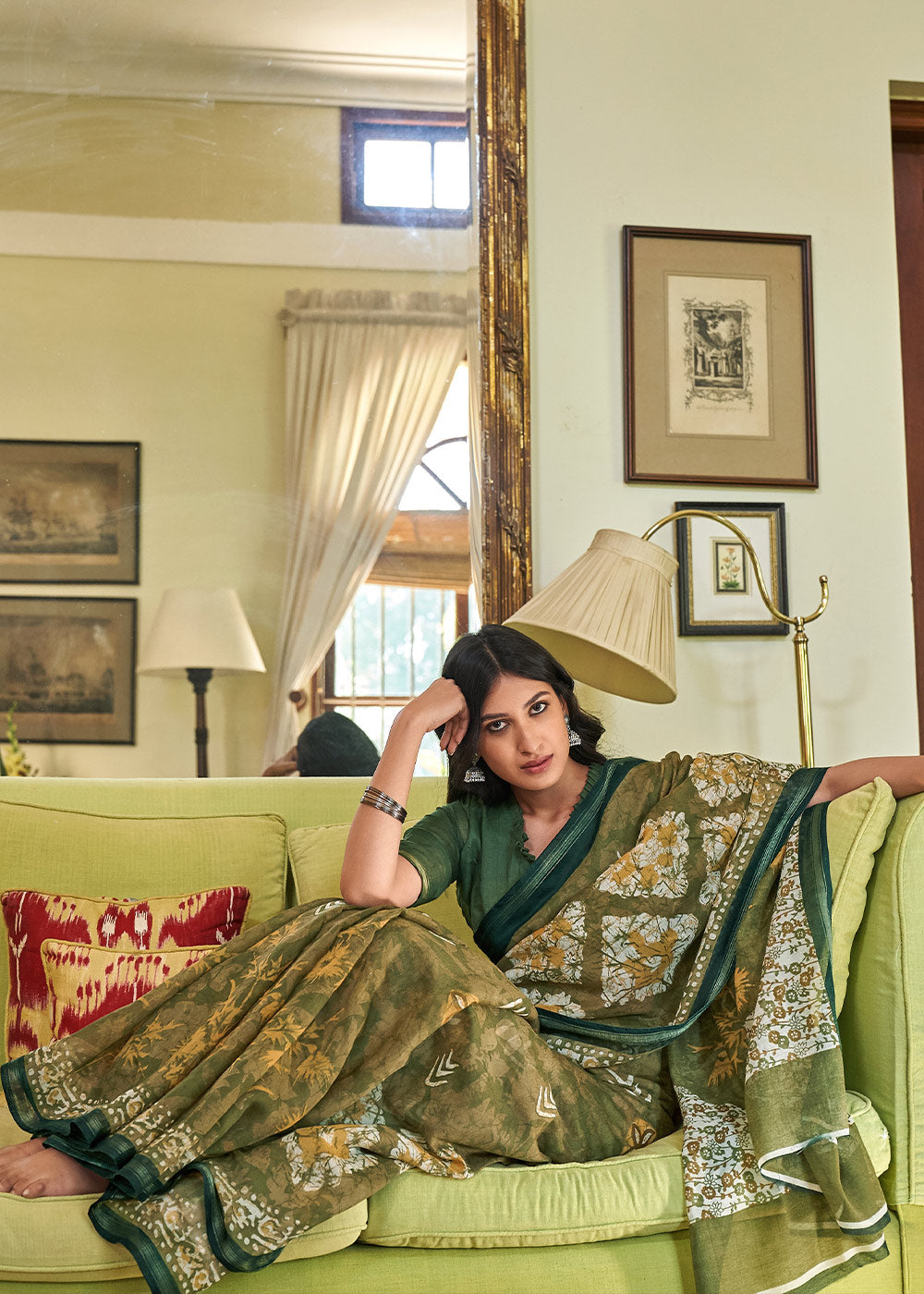 MySilkLove Axolotl Green Cotton Linen Batik Printed Saree