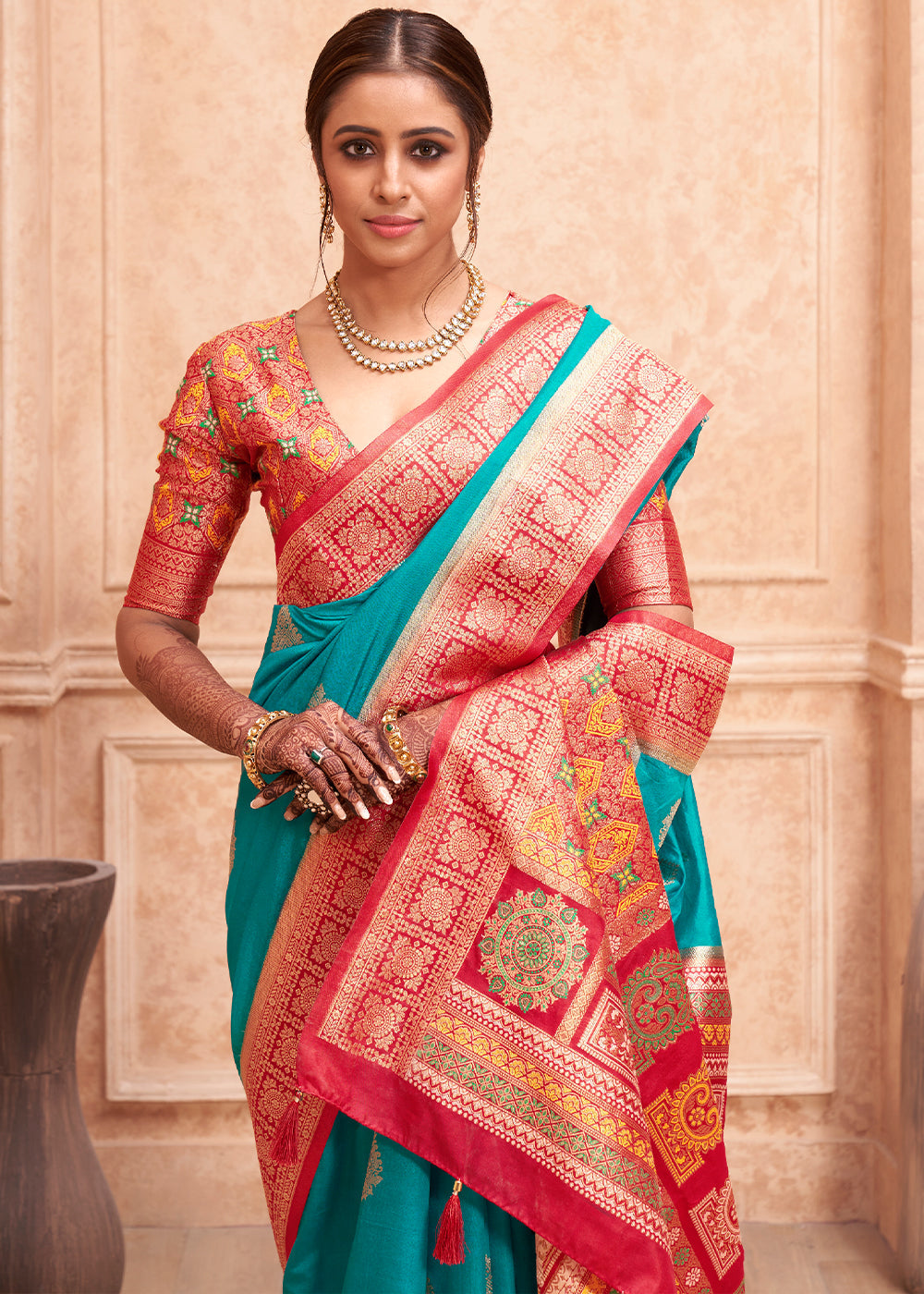 MySilkLove Atoll Blue and Red Zari Woven Banarasi Silk Saree