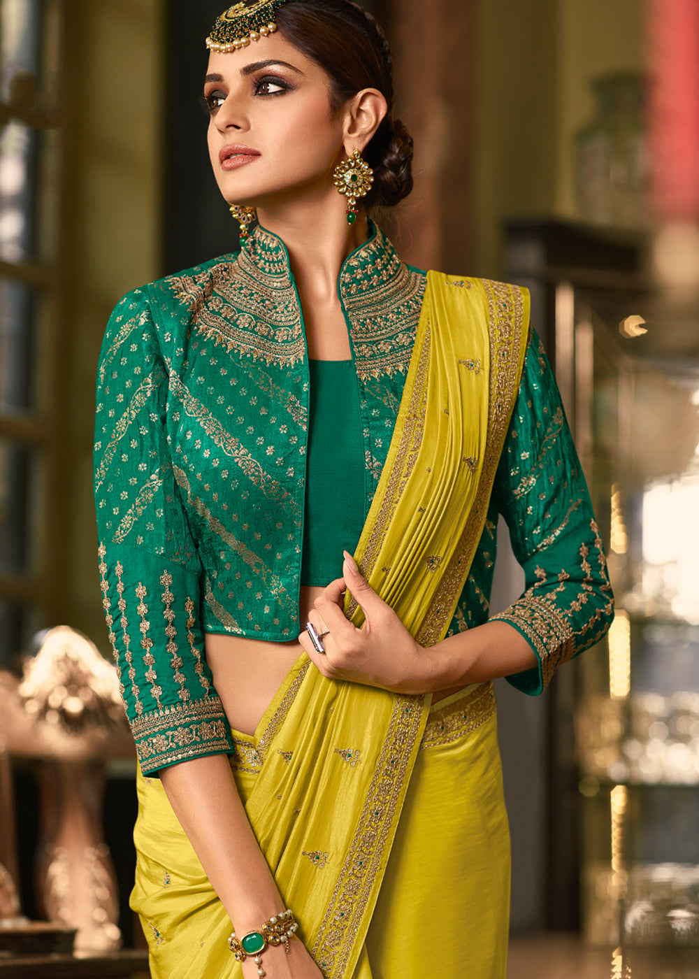 Buy MySilkLove Pear Yellow Designer Embroidered Silk Saree Online