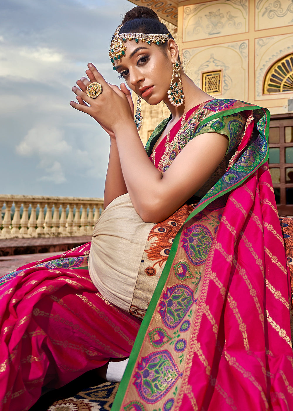 MySilkLove Carmine Pink and Green Woven Soft Silk Saree