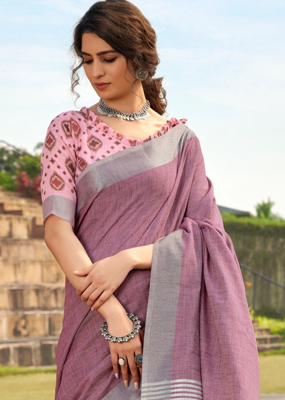 Buy MySilkLove Pearl Purple Soft Linen Silk Saree Online