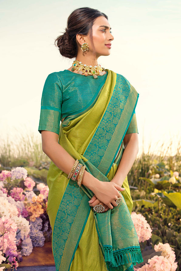 Buy MySilkLove Fern Frond Green and Blue Woven Kanjivaram saree Online